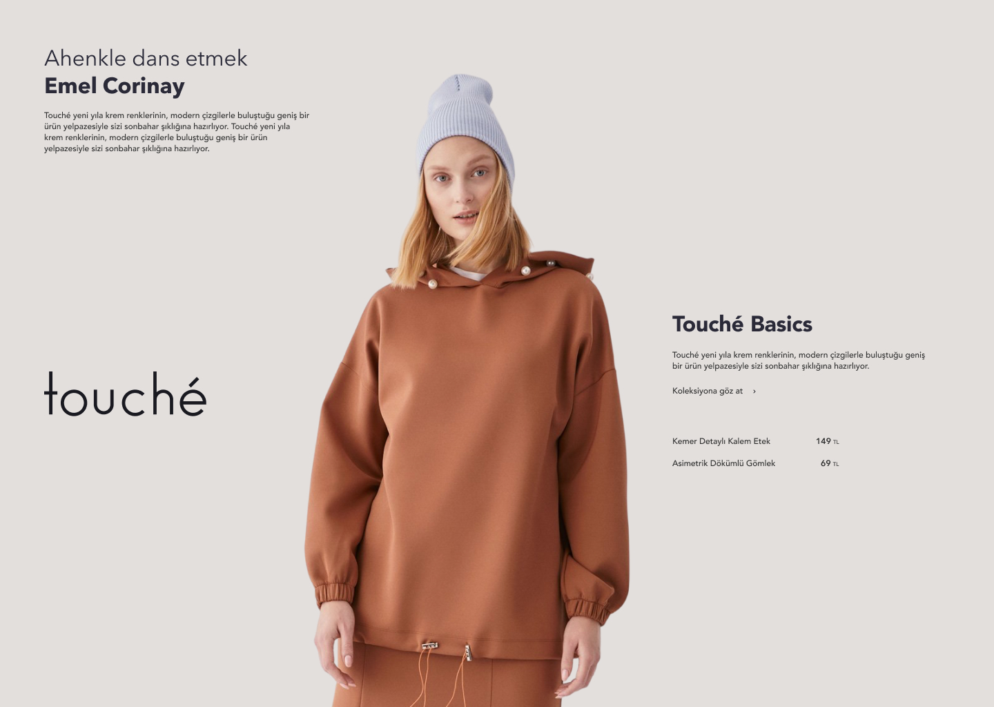 Touché Basics collection story with a model in a rust hoodie
