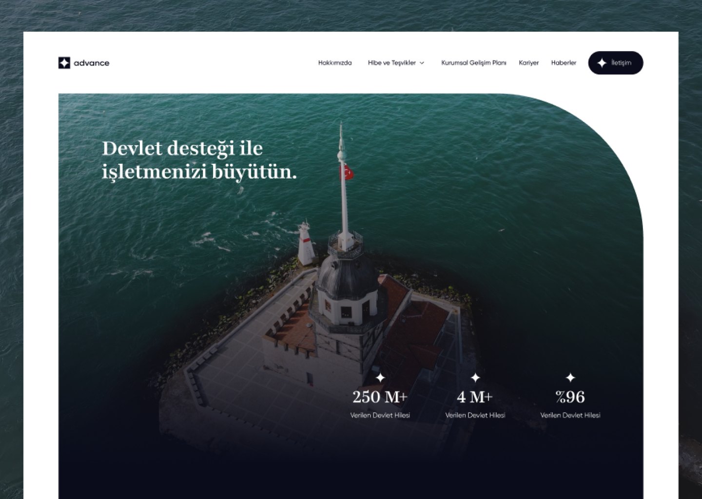 Advance homepage hero with the Maiden's Tower and grant statistics