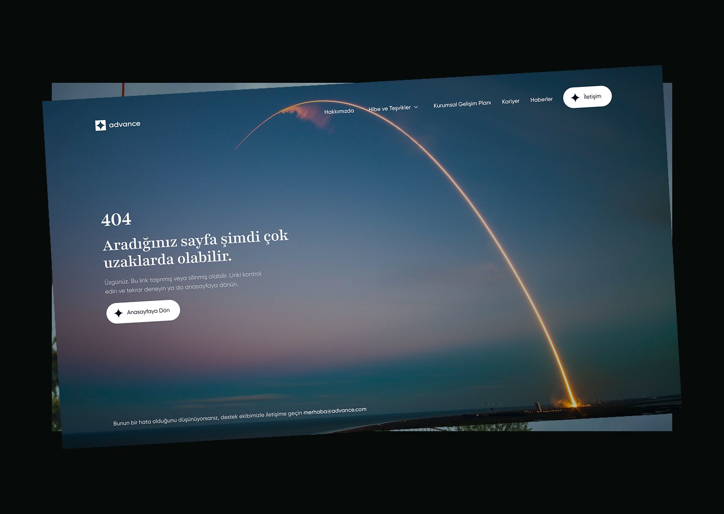 Advance 404 page with a rocket launch arc