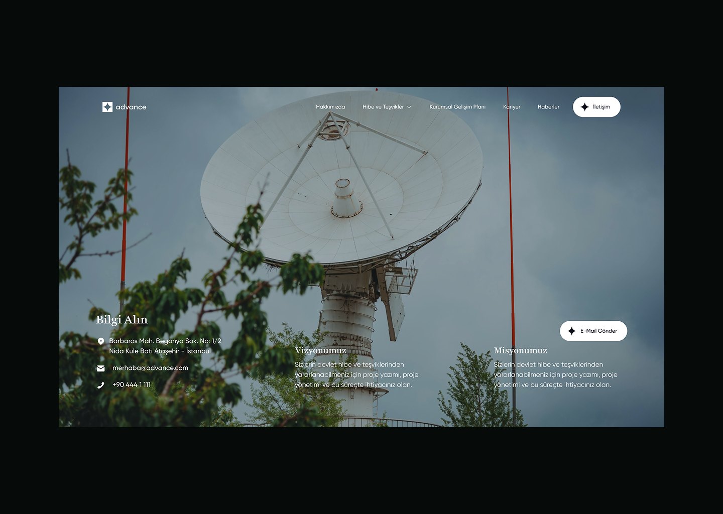 Advance contact page with vision and mission over a radio telescope photo