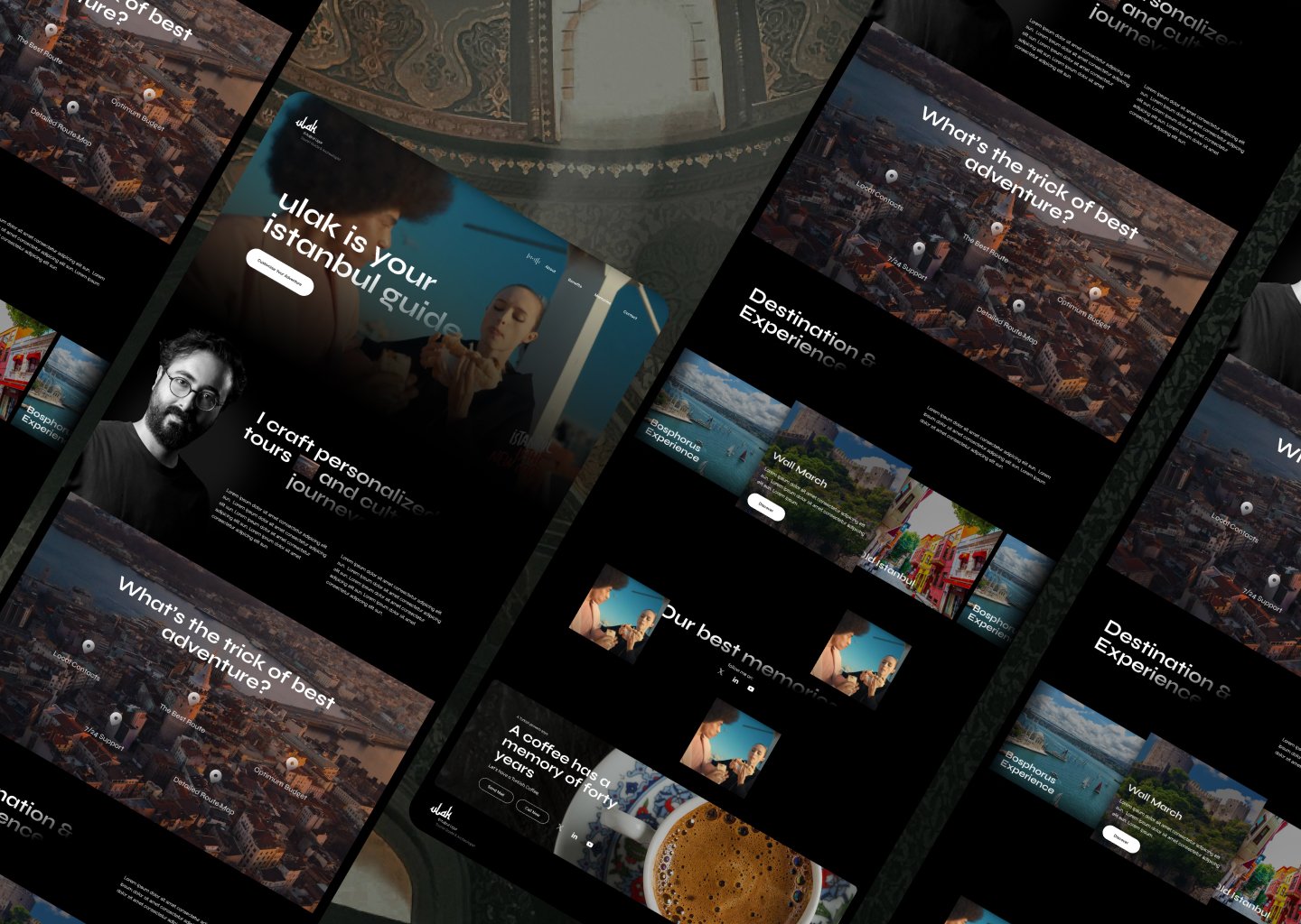 Ulak website pages laid out at an angle over a tiled dome