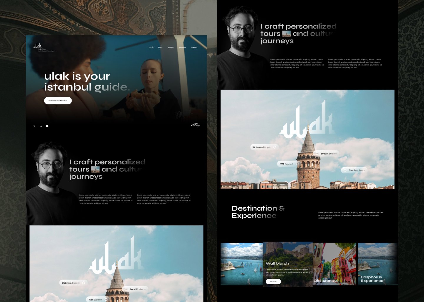Ulak pages with the guide's story, the logo over the Galata Tower and destinations