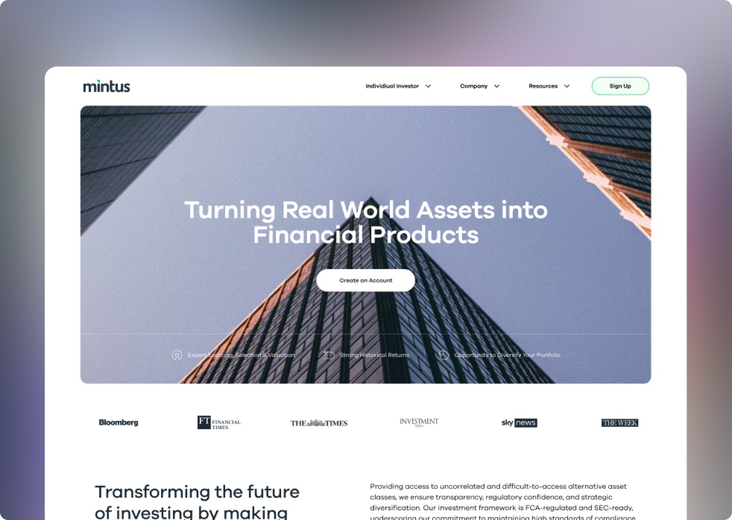 Mintus homepage hero: Turning Real World Assets into Financial Products
