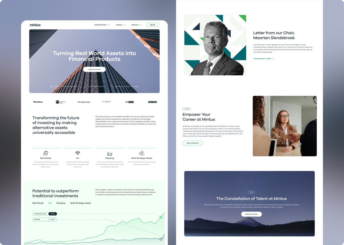 Mintus homepage next to the chair's letter and careers sections