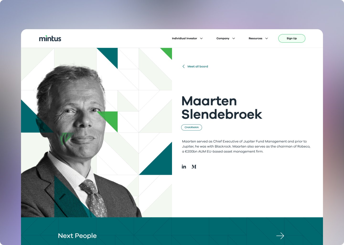 Mintus board member profile framed by the teal and green triangle pattern
