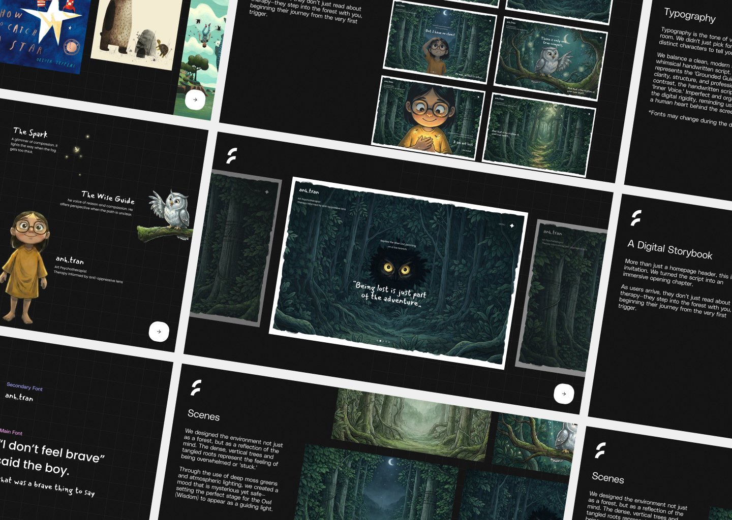 Story scenes and typography boards for the Anh Tran website