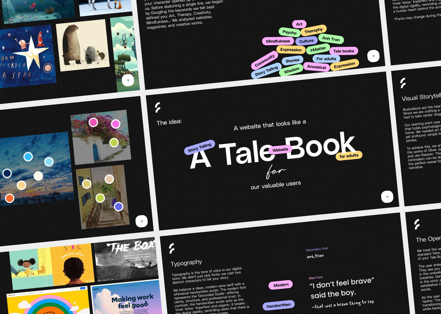 Concept board: a website that looks like a tale book for adults