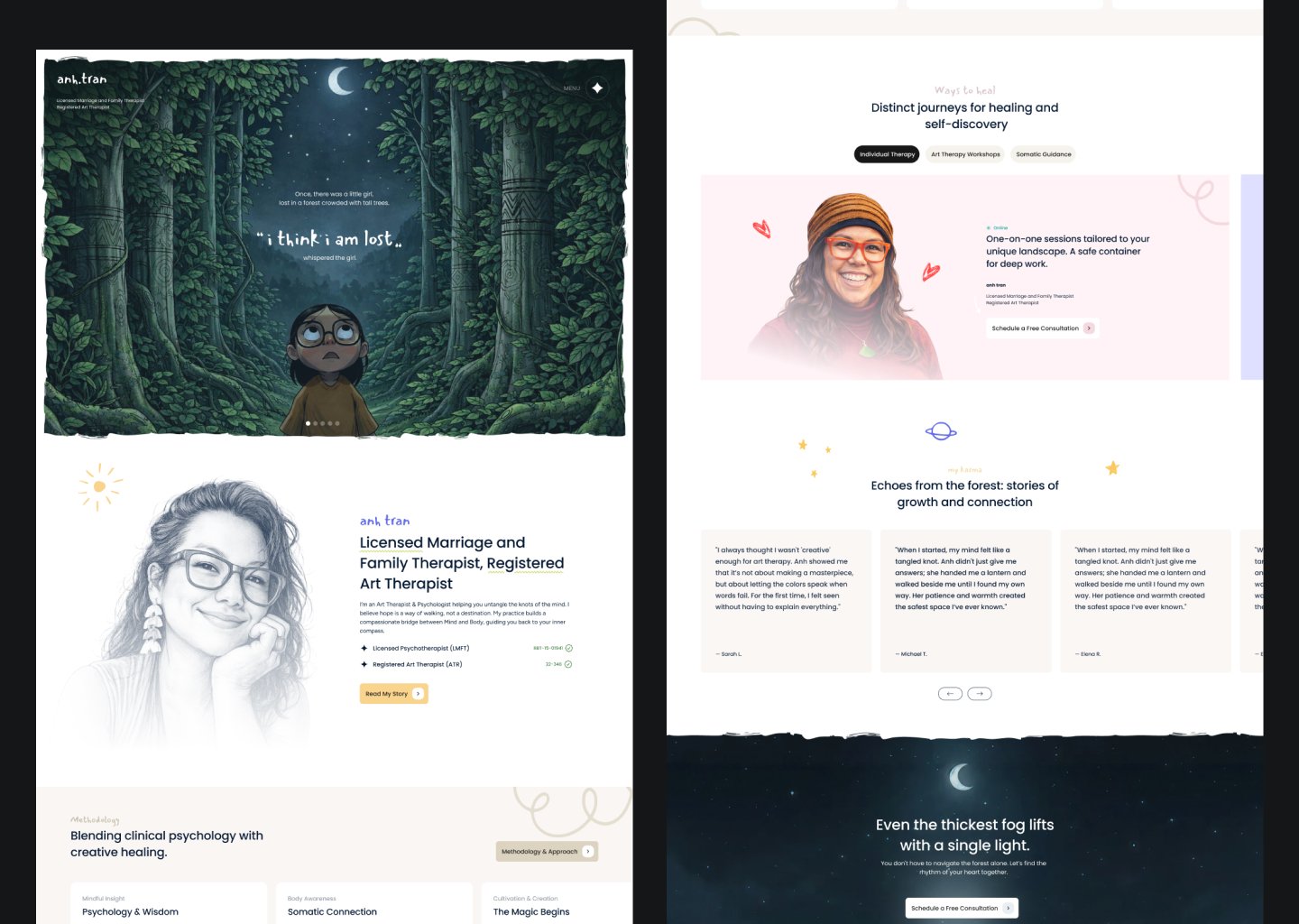 Anh Tran website pages from the forest hero to the consultation call to action