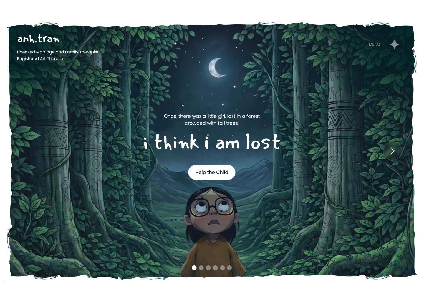 Anh Tran homepage hero: an illustrated girl lost in a moonlit forest, 'i think i am lost'