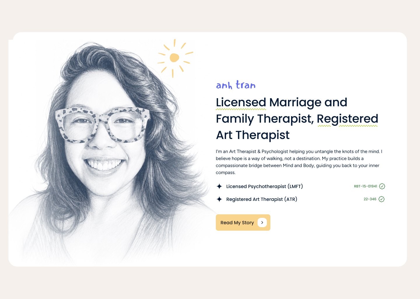 Anh Tran about section with a pencil portrait and her credentials