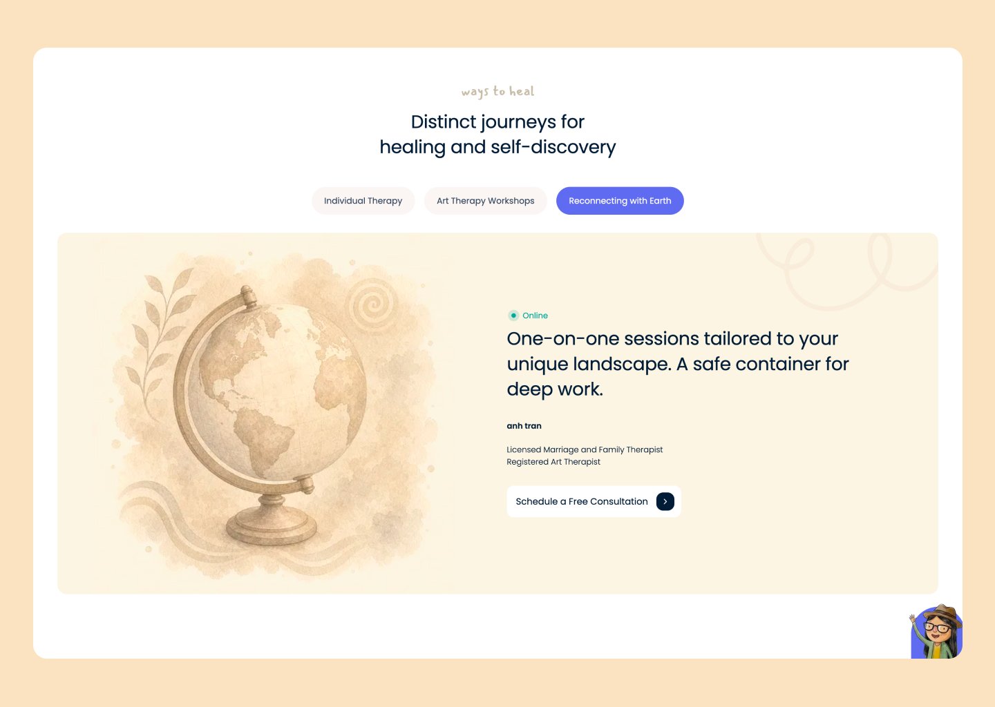 Ways to heal section with tabs for individual therapy and art workshops