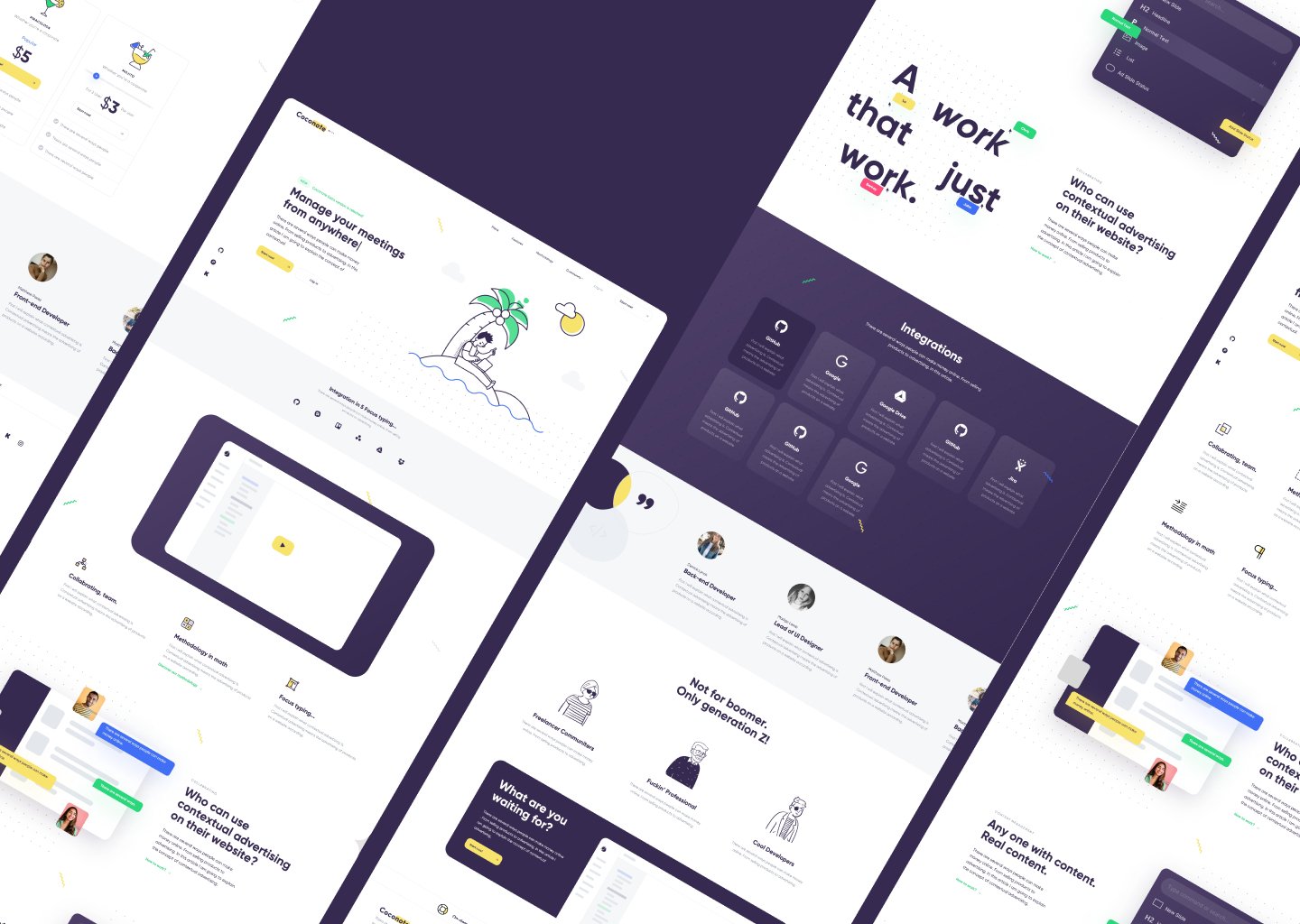 Coconote website pages laid out at an angle