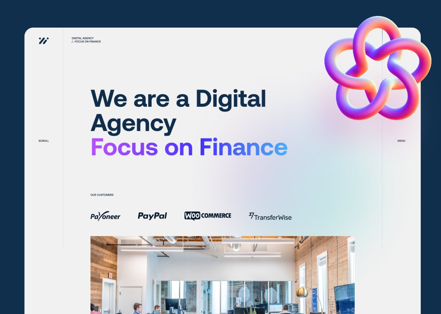 RoS homepage hero: We are a Digital Agency Focus on Finance, with a glossy 3D knot