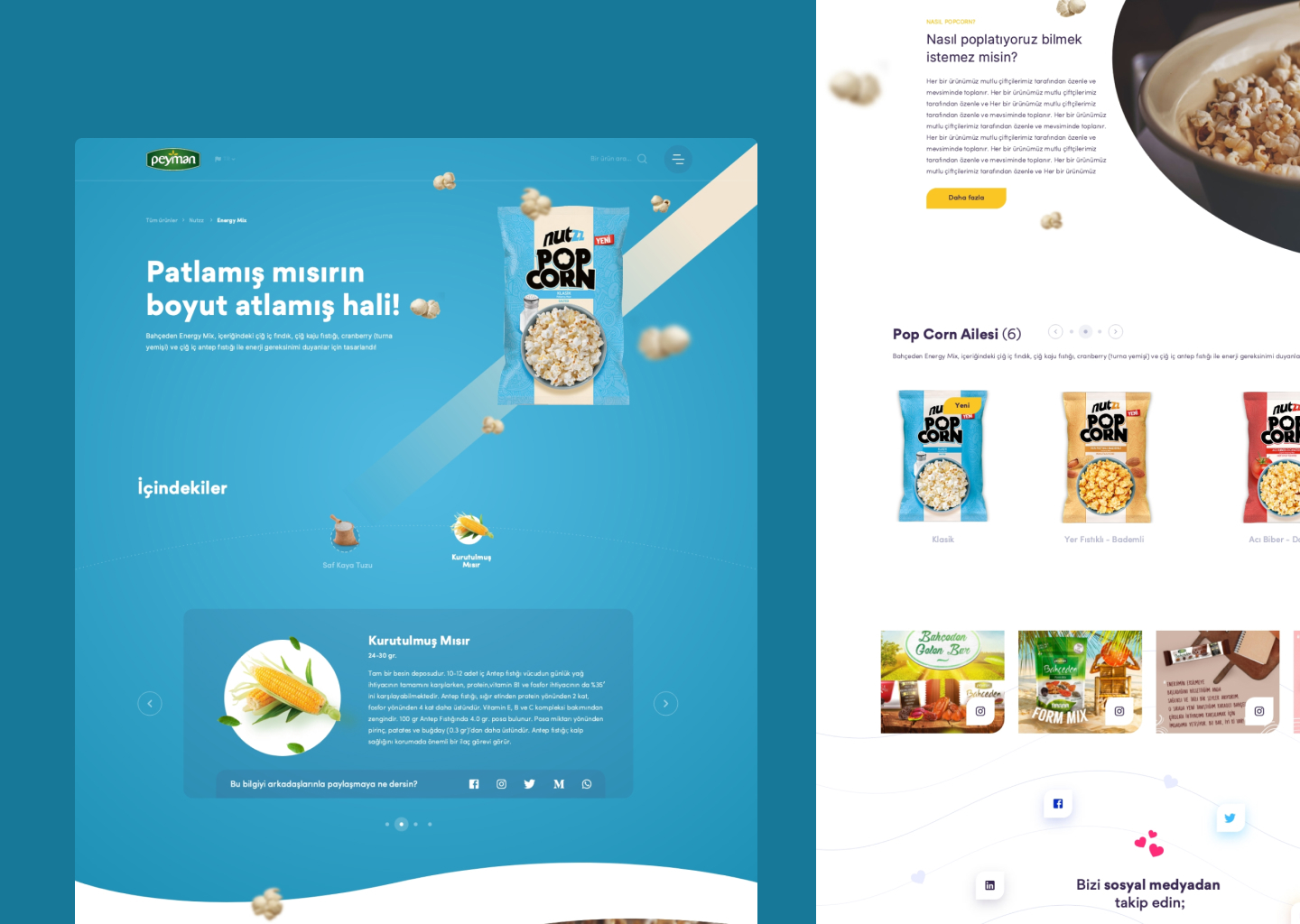 Peyman concept: blue Pop Corn product page with ingredients and related products