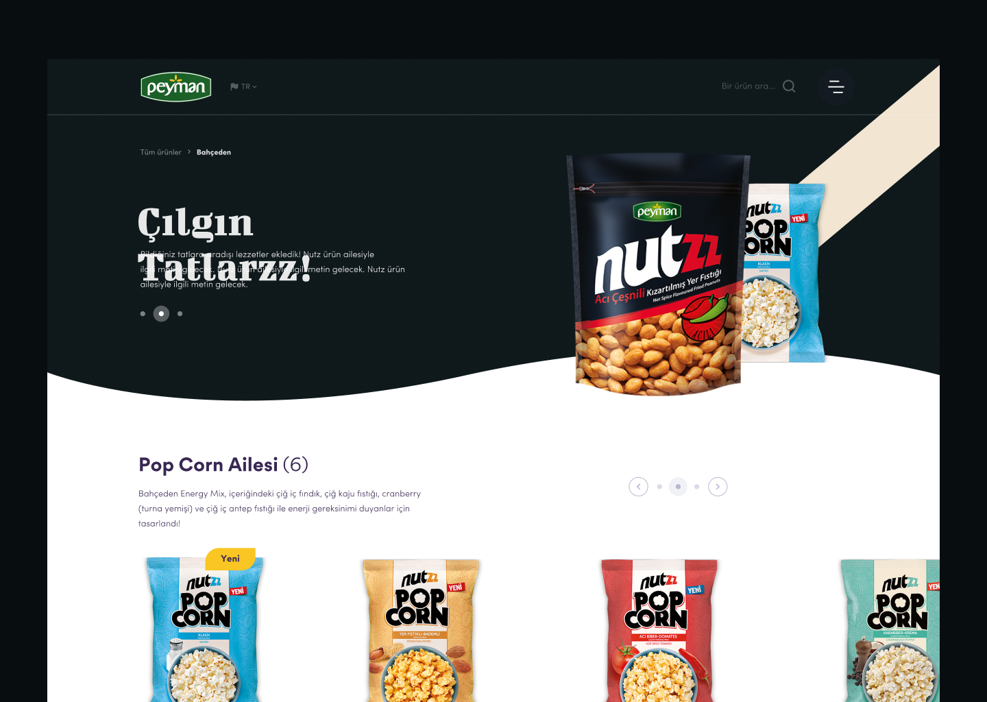 Peyman concept: Nutzz category page in black with the Pop Corn family
