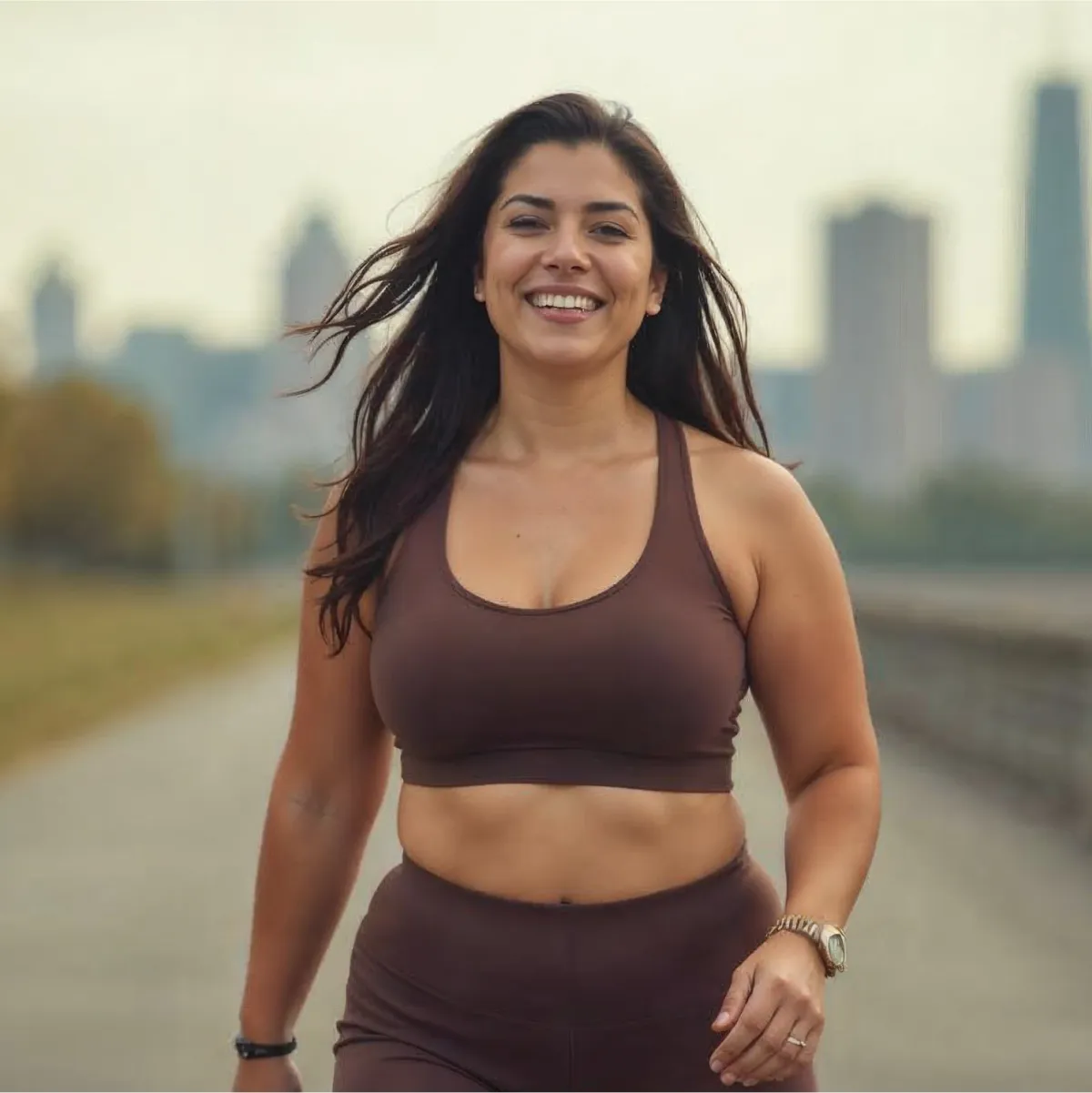 A woman happily walking in a city