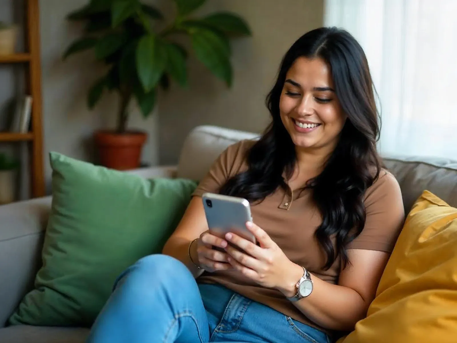 A woman on a couch, happily scrolling her phone.
