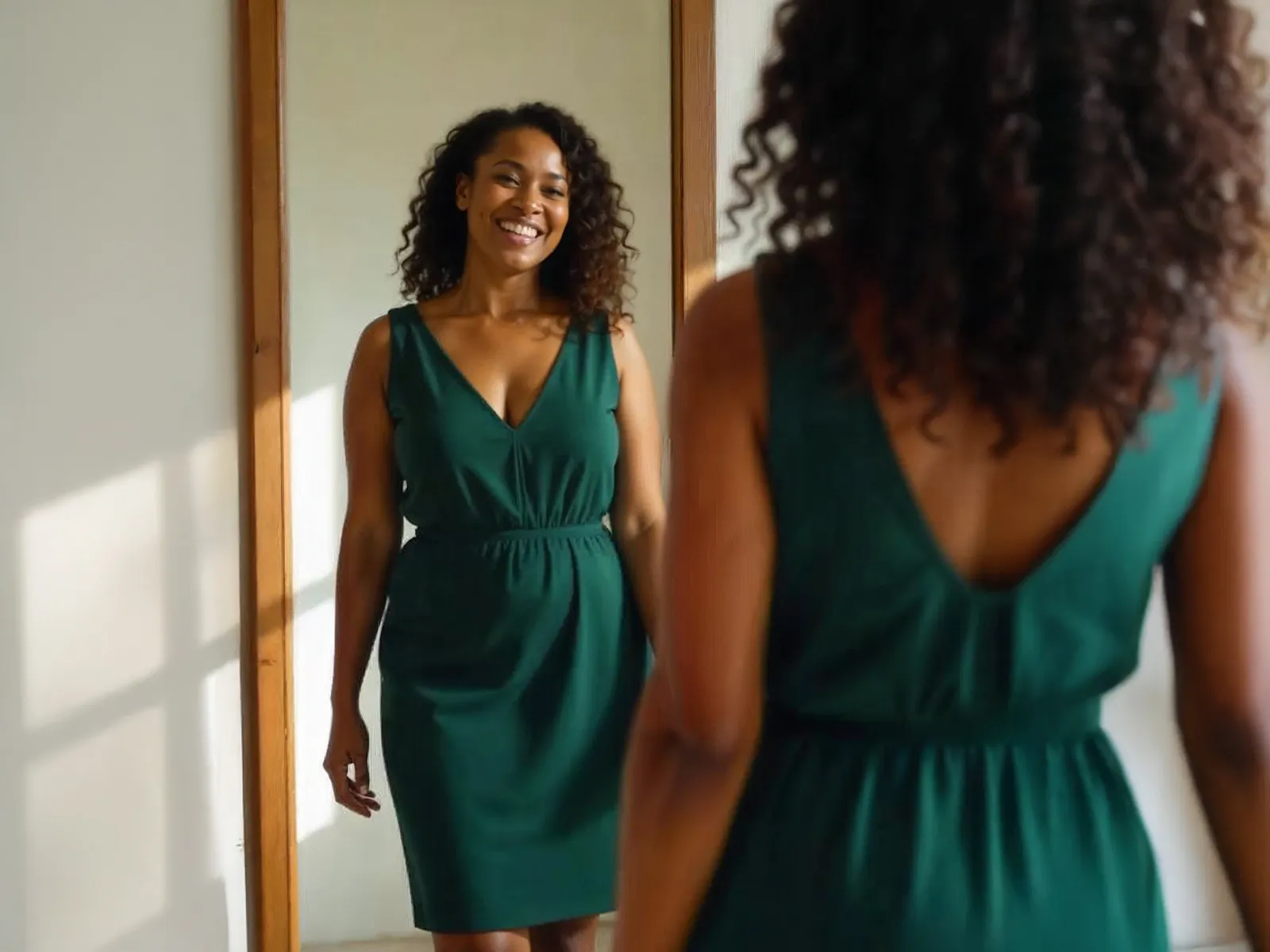 A woman happily standing in front of a mirror.