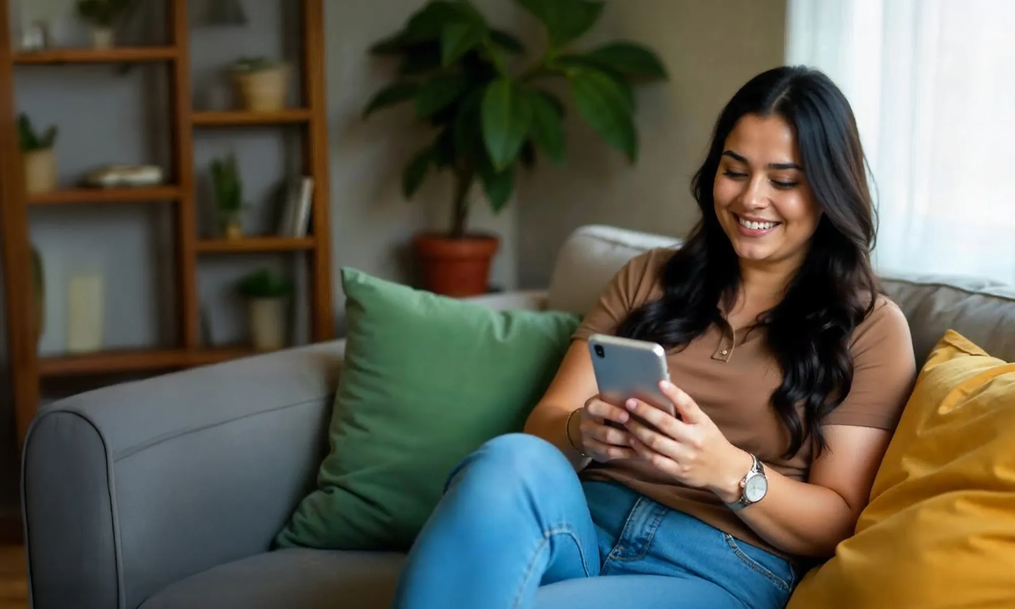 A woman on a couch, happily scrolling her phone.