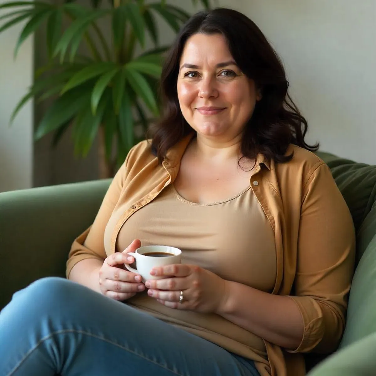 A woman sitting on a chair with a cup of coffee.