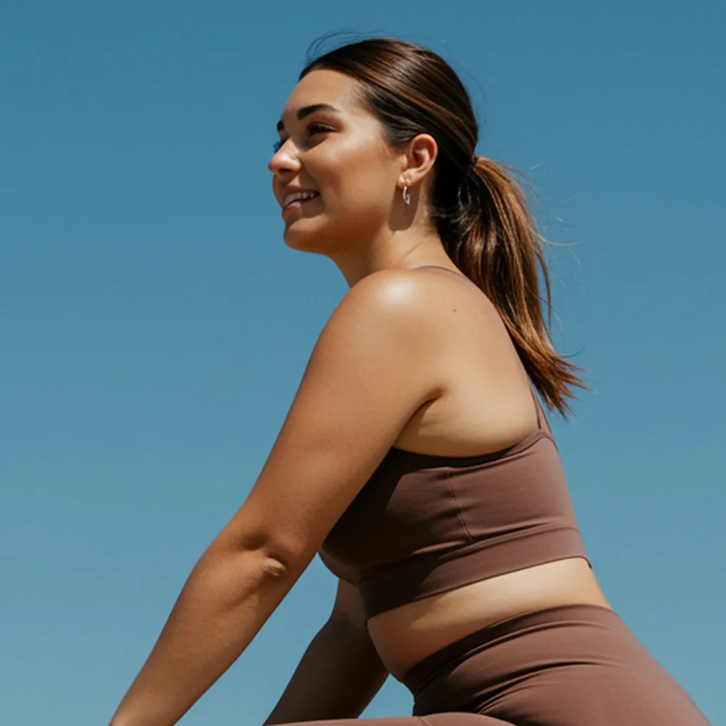 A woman happily looking into the distance.