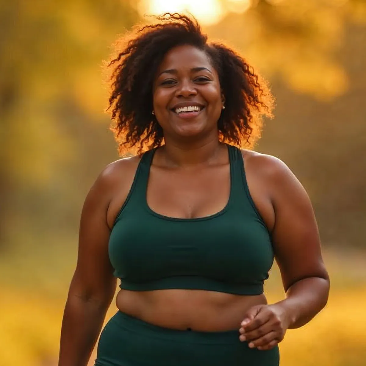 A happy woman outside on a morning walk.