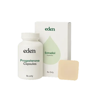 A Progesterone capsules bottle and a box of Estradiol patches, both with Eden logos.