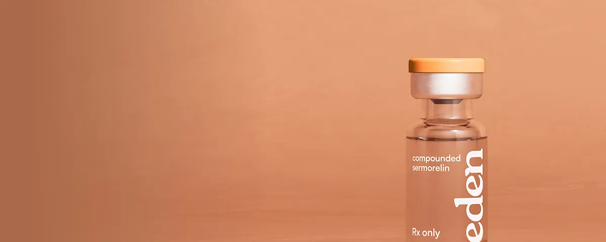 A Sermorelin medication vial with an Eden logo.