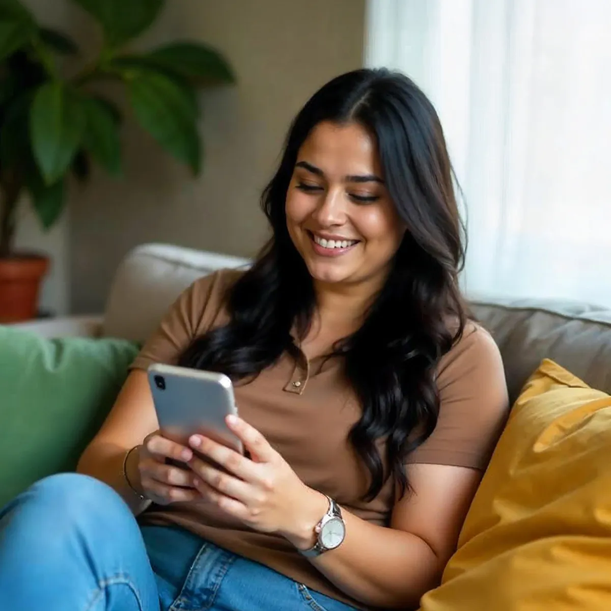 A woman on her couch, happily looking at her phone.