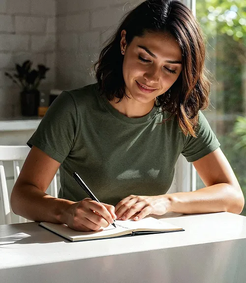 A woman at a table writing