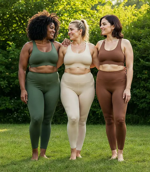 Three woman in fitness clothing smiling together
