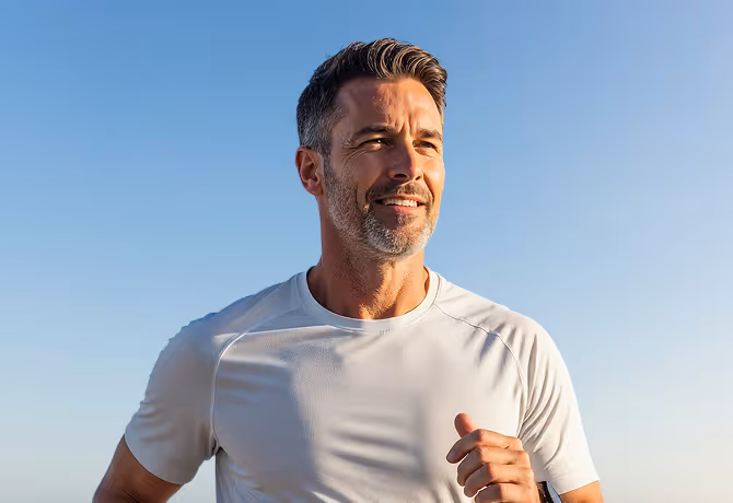 Middle-aged man jogging outdoors wearing a white t-shirt against a clear blue sky.
