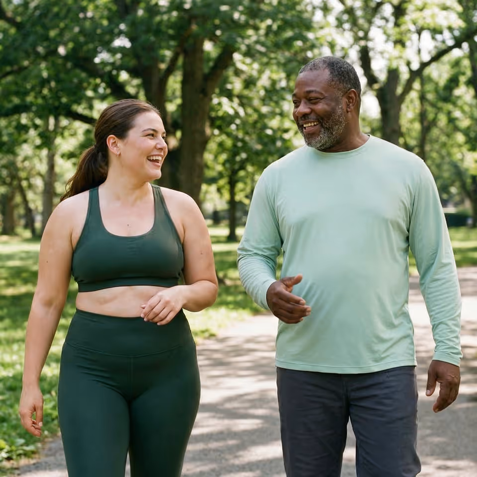 Smiling man and woman walking and talking together on a tree-lined park path.