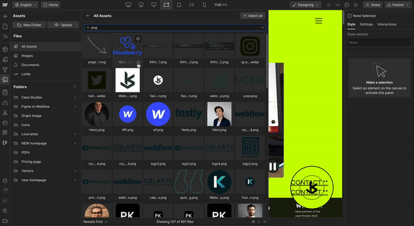 A gif showing how to select images in Webflow and compress them into next-gen WebP format