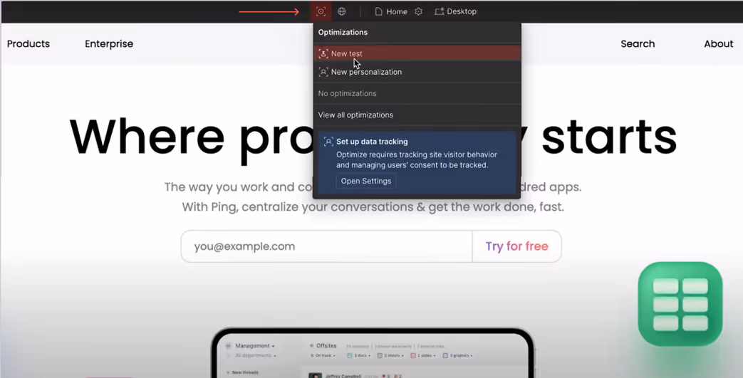 open a new test in webflow optimize