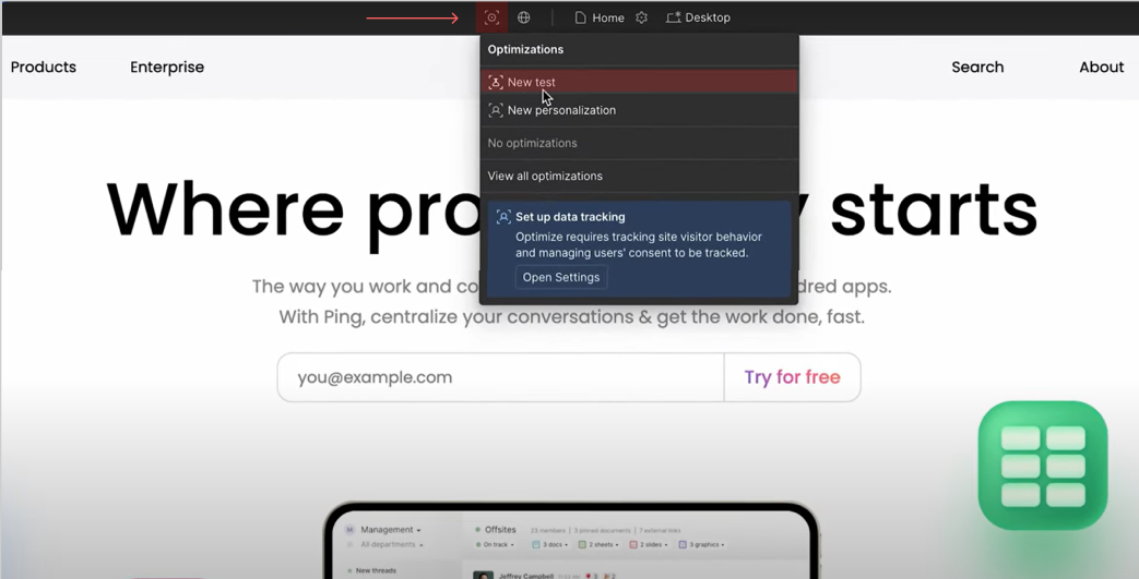 open a new test in webflow optimize