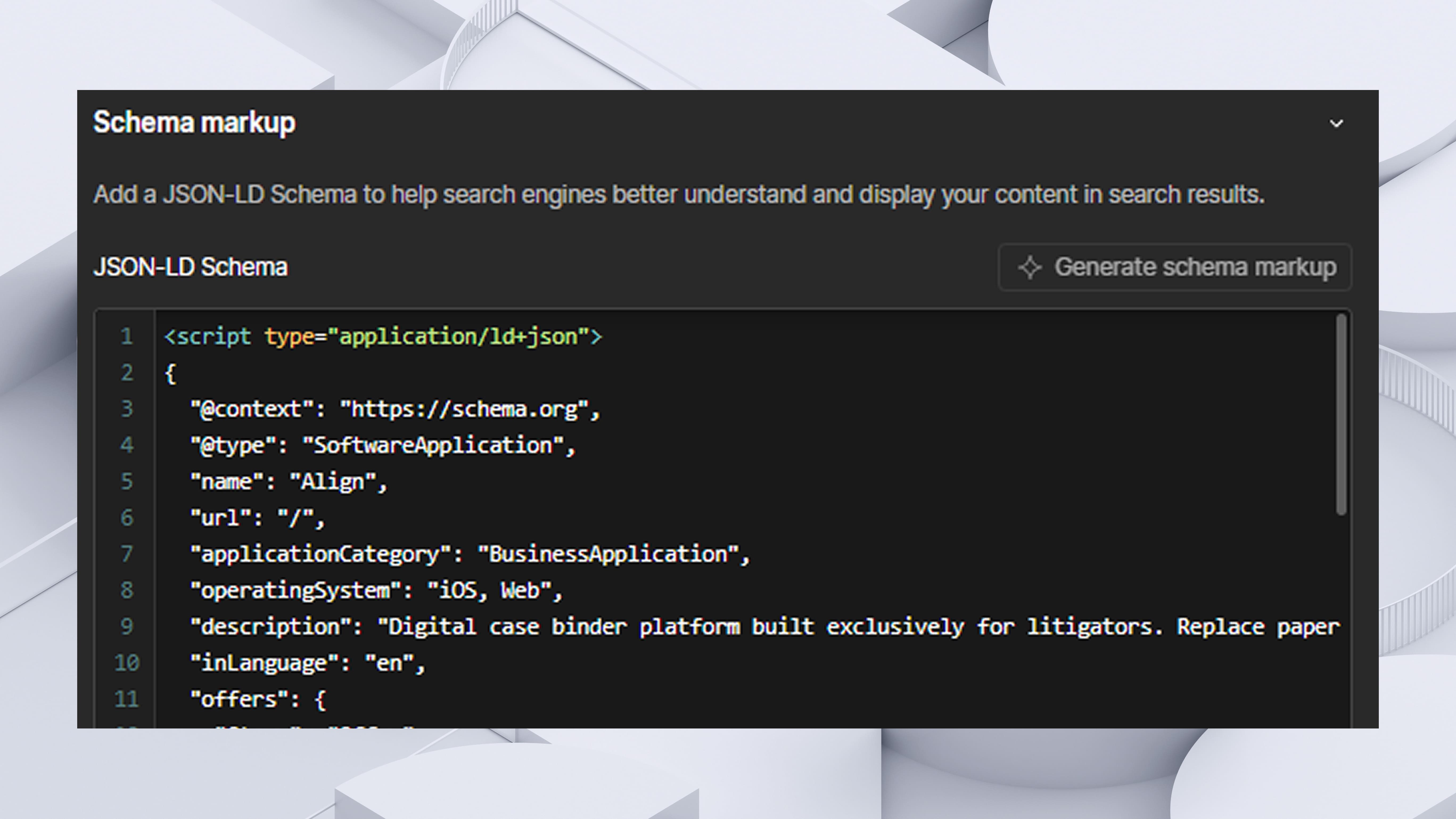 Screenshot from Webflow dashboard showing Schema markup JSON-LD generated by Webflow AI