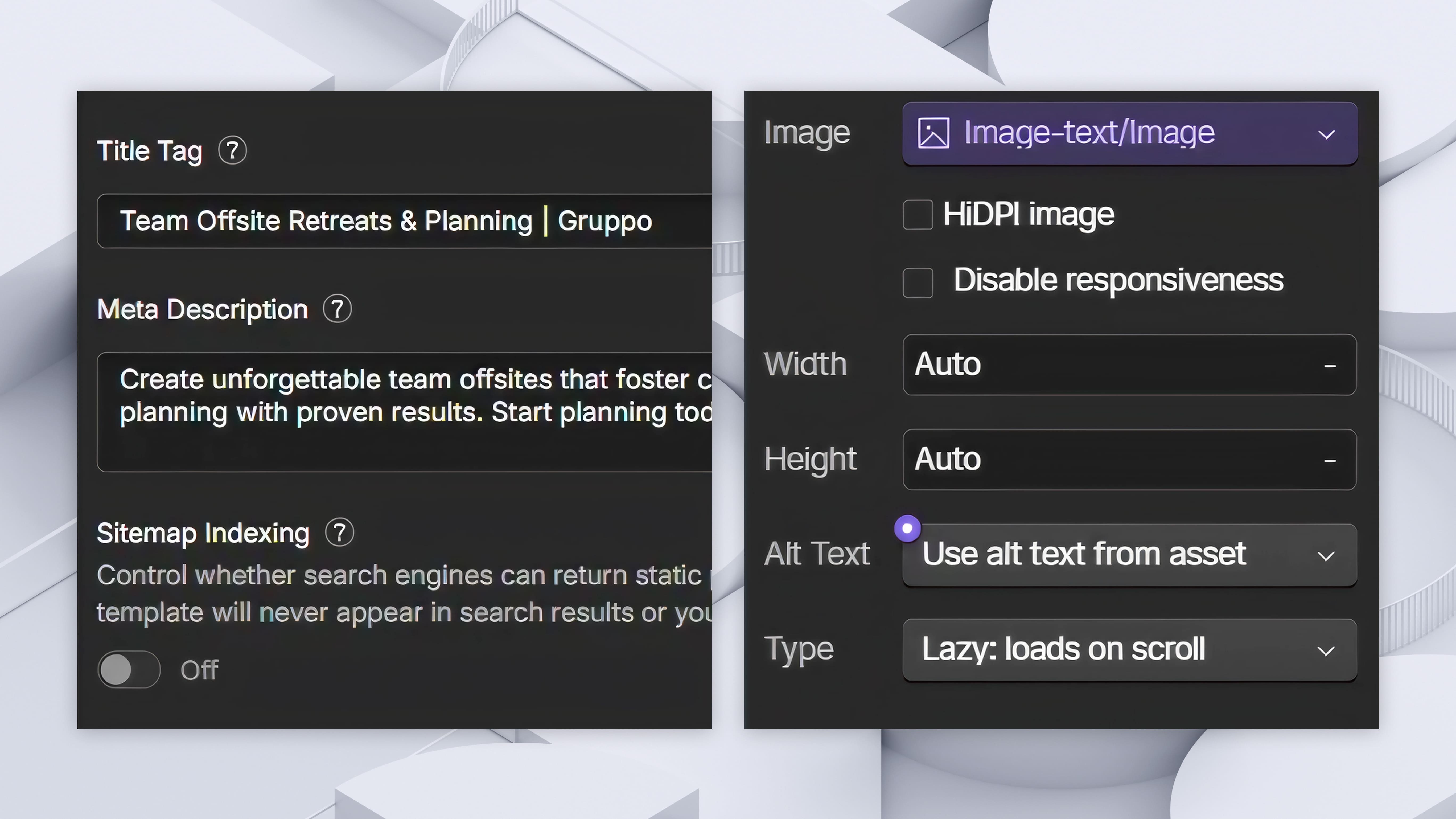 Image ALT tag settings in Webflow dashboard for Webflow AEO optimization