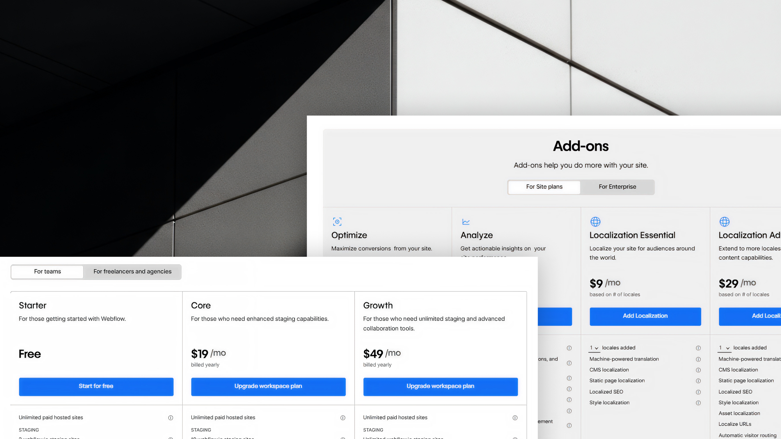 Webflow pricing plans comparison table for B2B teams