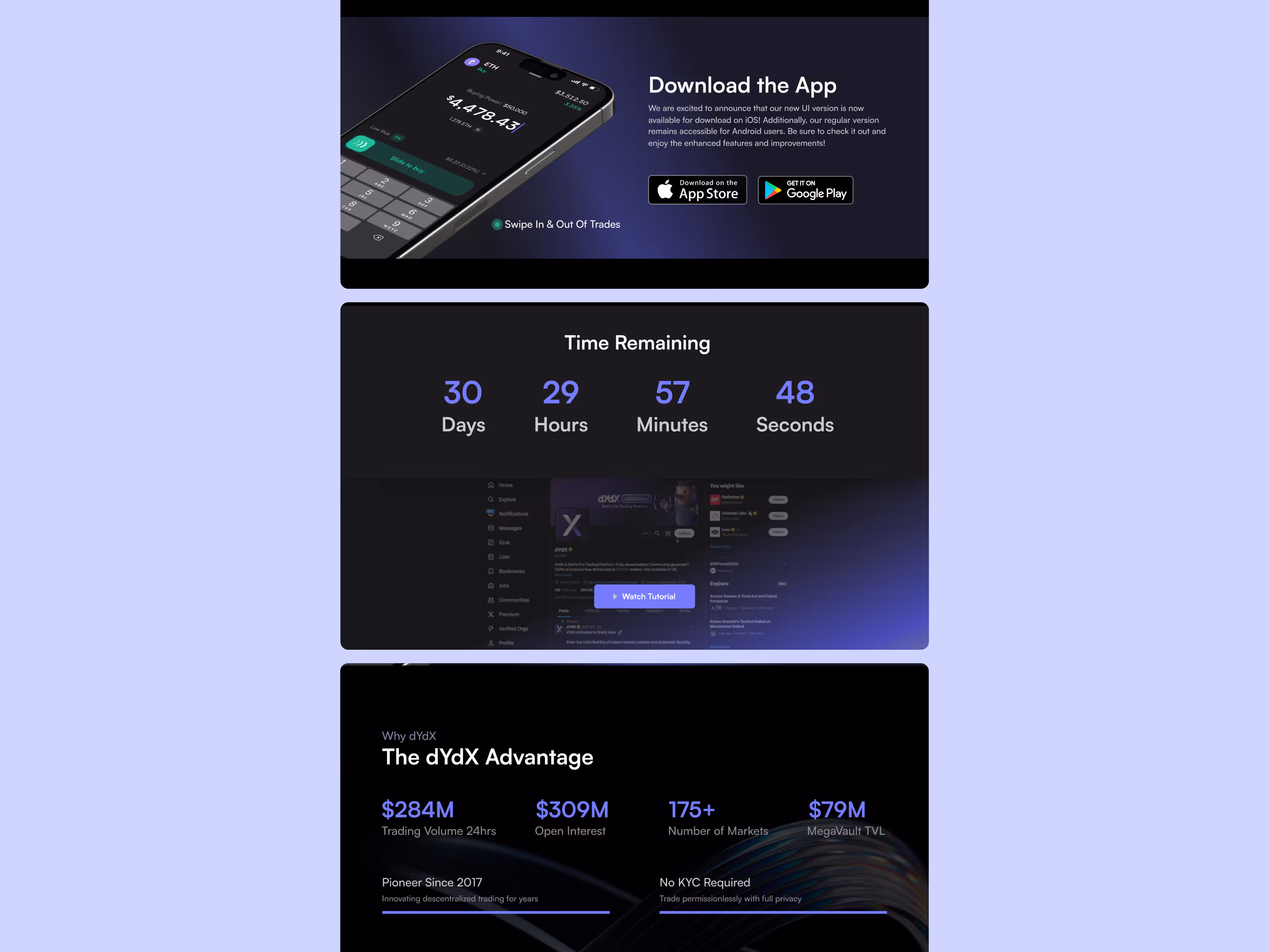 dYdX site sections: app download, release countdown, and platform trading metrics