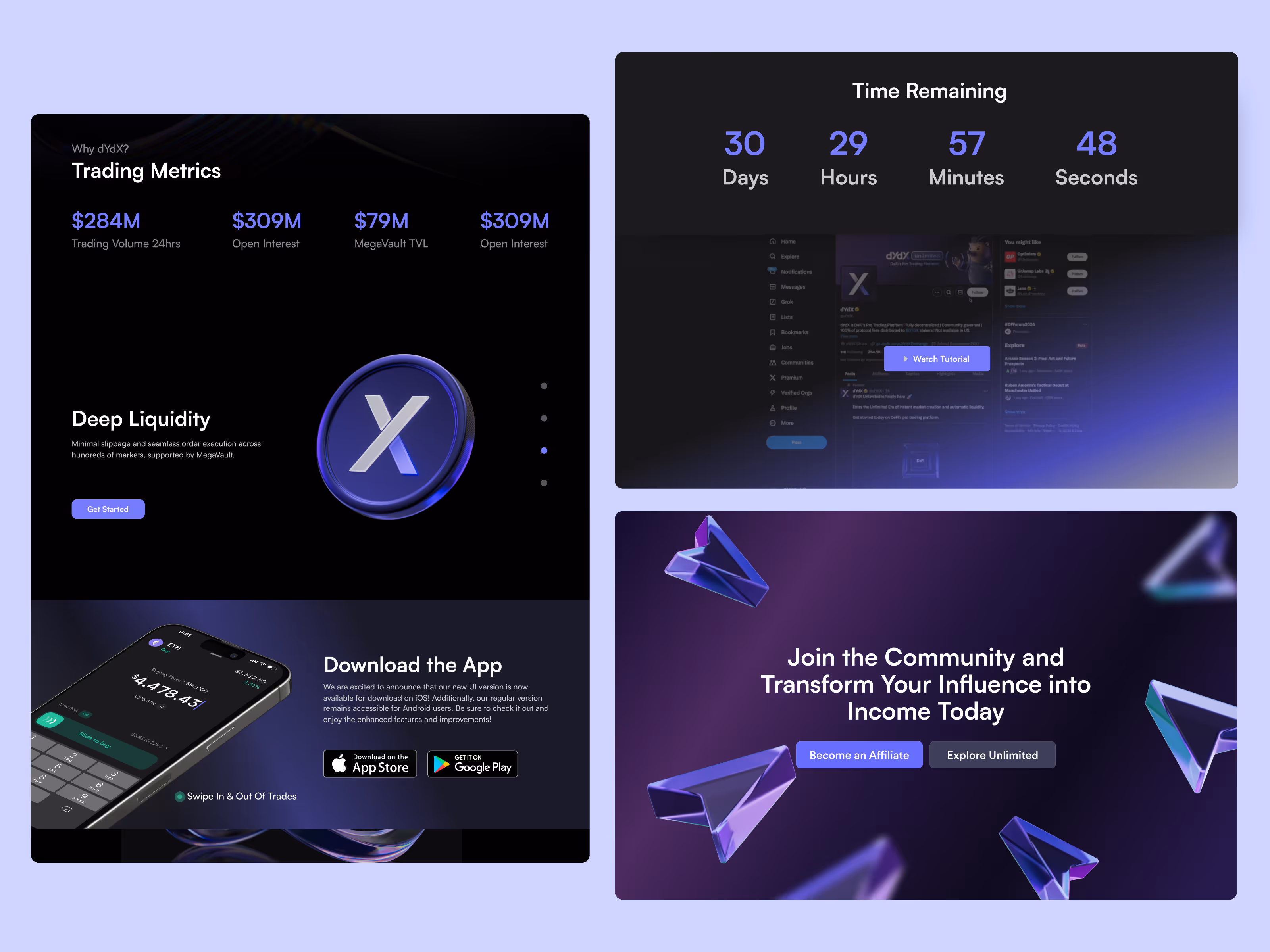 dYdX affiliate program and community section alongside trading features