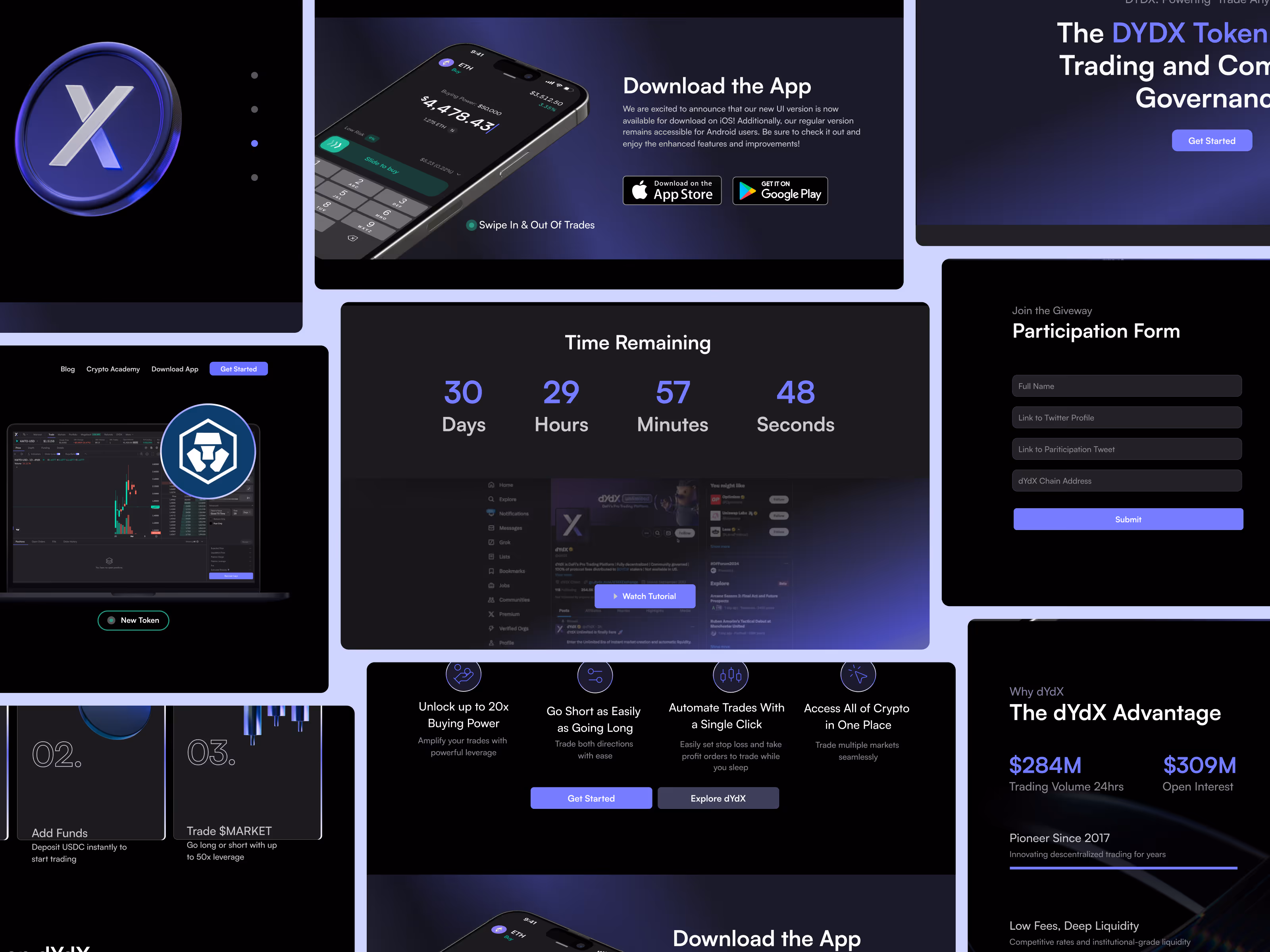 Montage of dYdX website screens including onboarding, features, and signup form