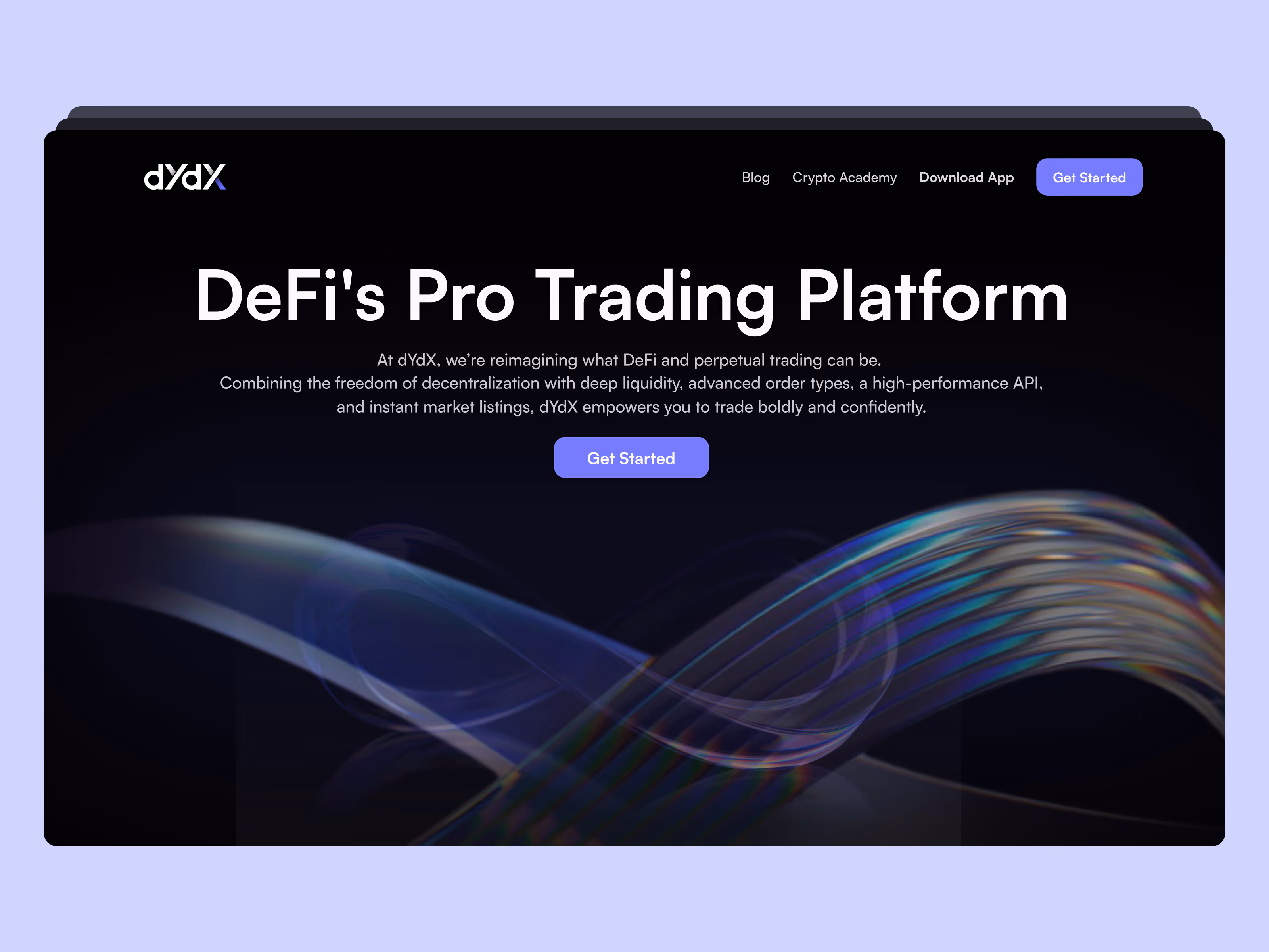 dYdX landing page hero without mascot, showing the trading platform headline