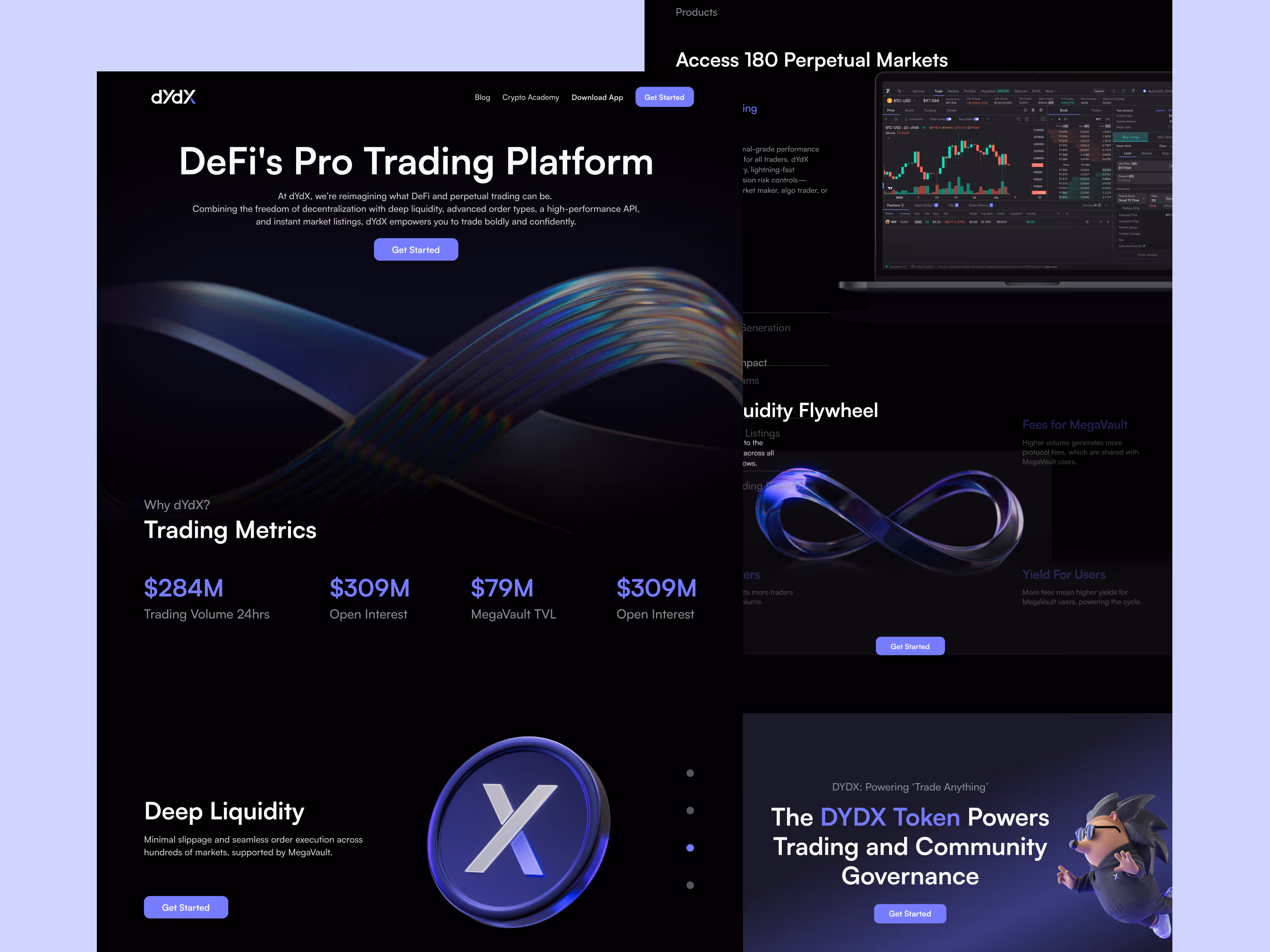 Angled mockup of dYdX homepage, trading metrics, liquidity flywheel and DYDX token sections