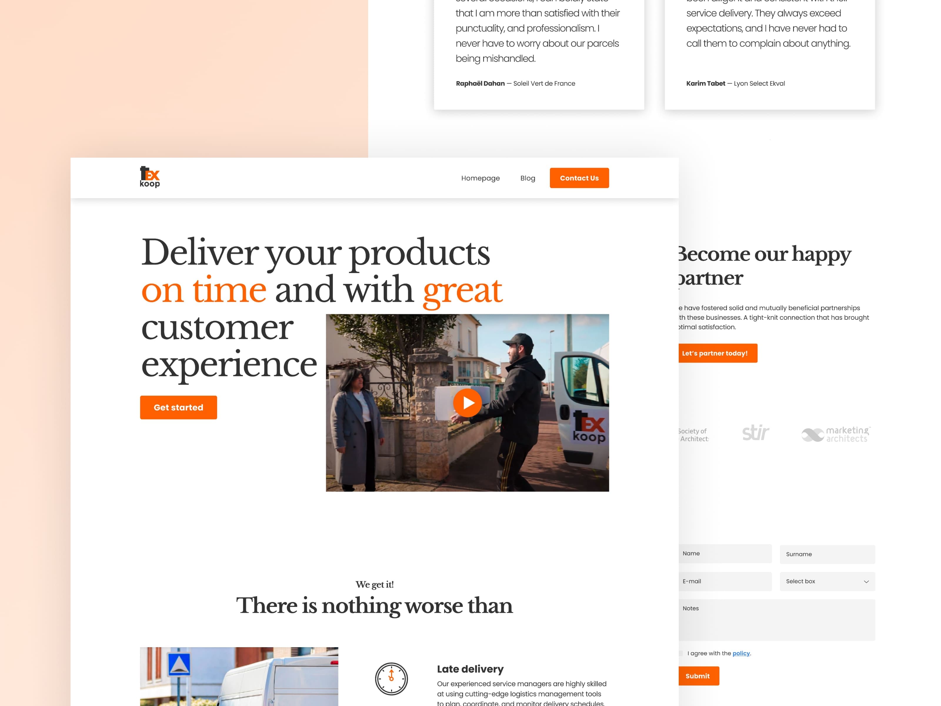 Texkoop homepage with customer testimonials, partner logos, and contact form with orange Submit button