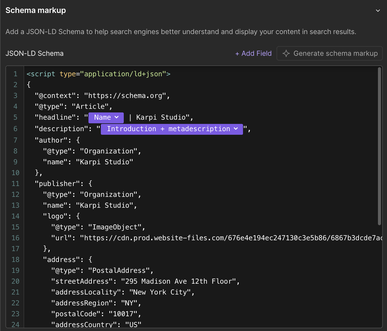 Screenshot of Webflow designers showing Schema markup with JSON-LD script populating CMS template at Karpi Studio (Webflow Enterprise Partner) website
