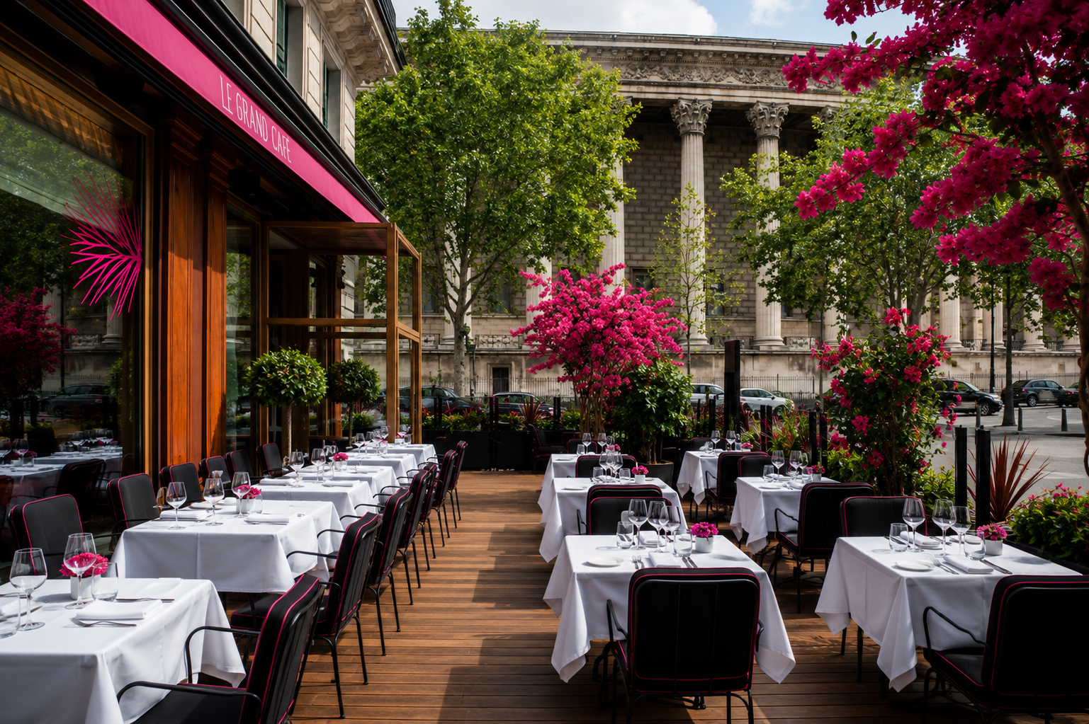 Terrasse élégante de l'hôtel de luxe 5 étoiles à Paris, offrant une vue imprenable sur la Tour Eiffel et une ambiance raffinée.