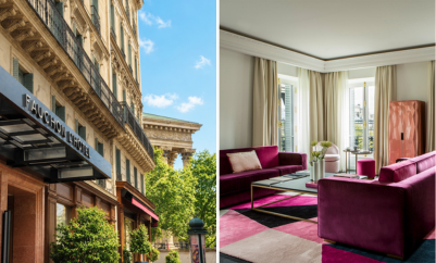 Paris luxury hotel room at Fauchon L’Hôtel Paris with signature Gourmet Bar, illustrating a spring extended-stay offer in central Paris near Madeleine.
