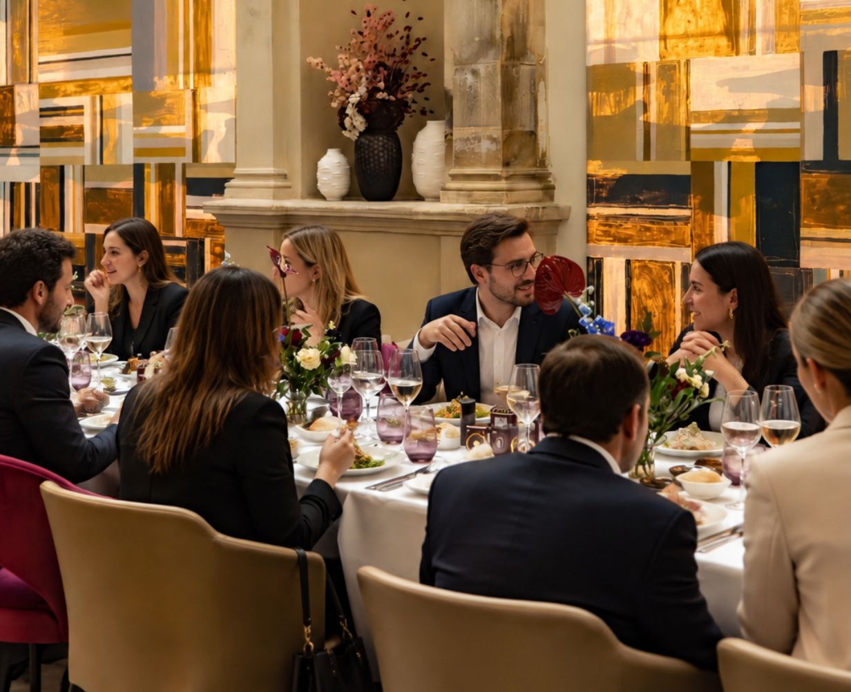 A business lunch at Le Grand Café Fauchon, bringing together several guests around an elegantly set table.