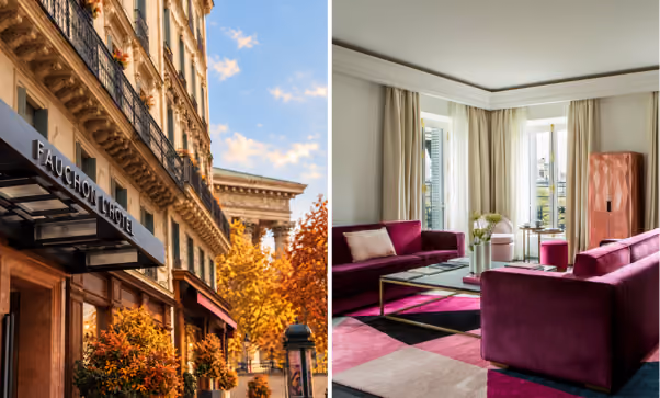 Paris luxury hotel room at Fauchon L’Hôtel Paris with signature Gourmet Bar, illustrating a automnal extended-stay offer in central Paris near Madeleine.